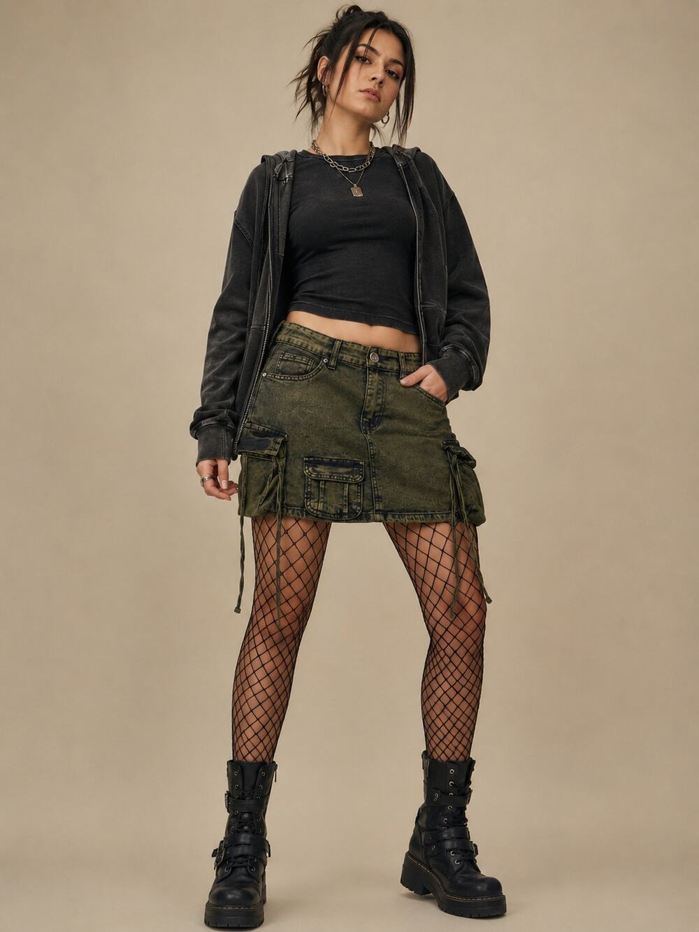 Y2K Mini Cargo Skirt Olive Green Utility Grunge Medium Alternative